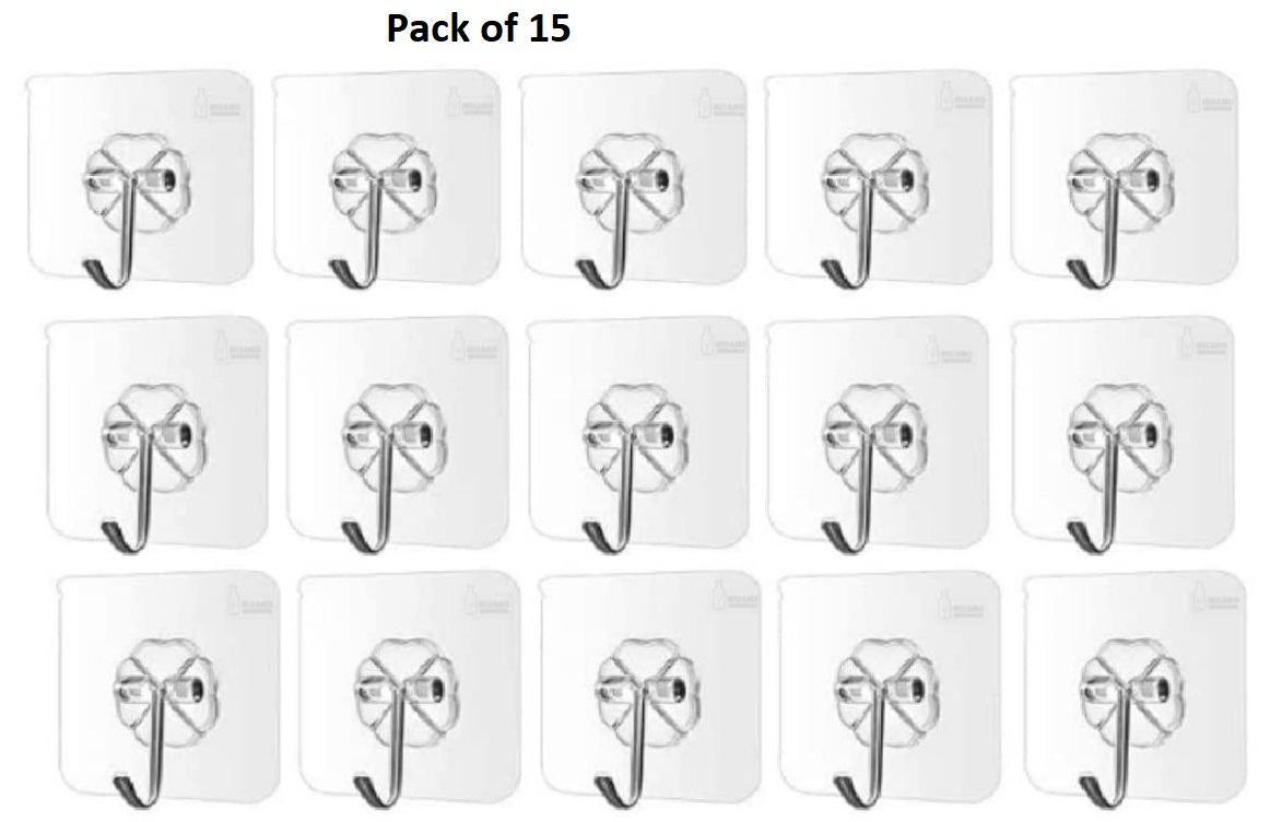Self Adhesive Wall Hooks, Heavy Duty Sticky Hooks for Hanging 10kg (max), Waterproof Transparent Hooks for Wall (Pack of 15) - Super Kart