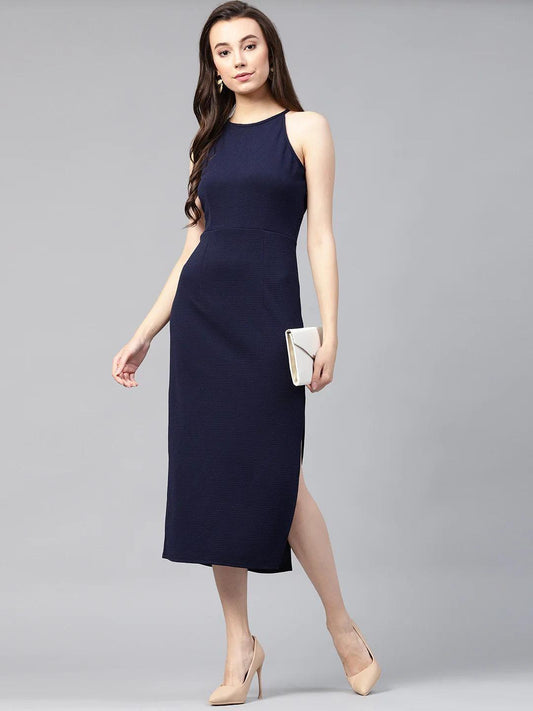 PANNKH Solid Navy Blue Incut Fitted Midi Dress - Super Kart