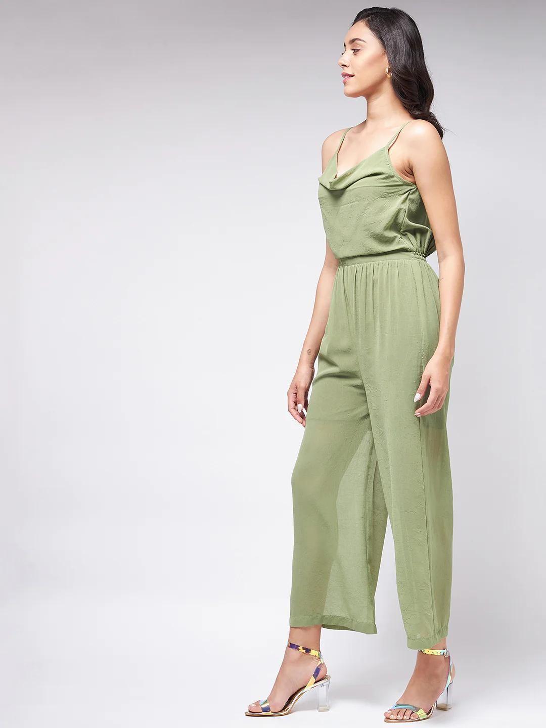 PANNKH Flaunt Yourself With Solid Green Cowl Neckline Jumpsuit - Super Kart