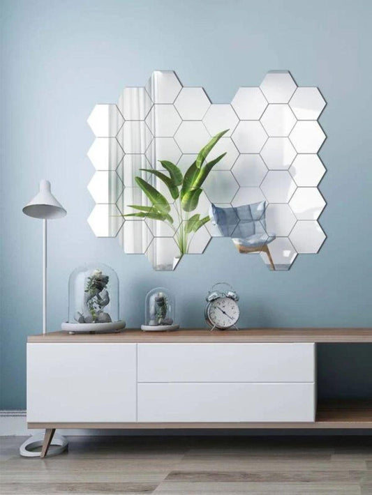 WallDaddy Mirror Stickers For Wall Pack Of 40 Hexagon Silver Color Flexible Mirror Size (10x12)Cm Each Hexagon - Super Kart